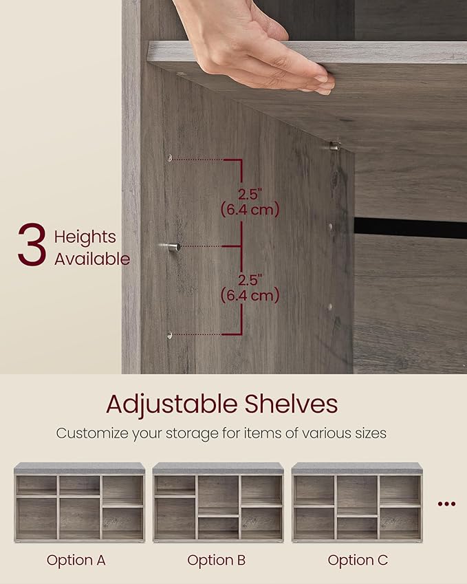 VASAGLE Shoe Bench with Cushion, Shoe Storage Bench with 6 Compartments and 3 Adjustable Shelves, Entryway Bench with 3 Storage Boxes, for Bedroom, Closet, Living Room, Heather Greige ULSB101K01