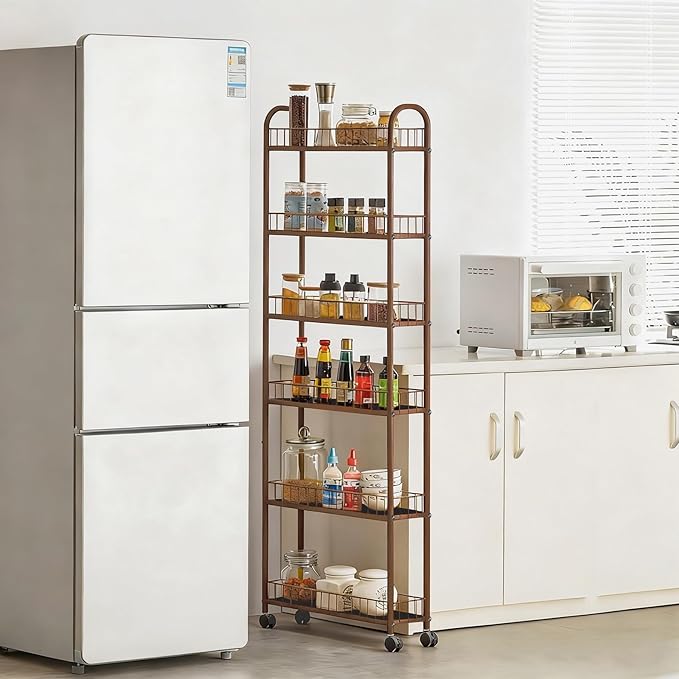6in 6-Tier Slim Storage Cart with Wheels, Narrow Rolling Shelf,Sturdy Slim Storage Ideal for Kitchen, Bathroom, and Laundry Room (Champagne Gold)