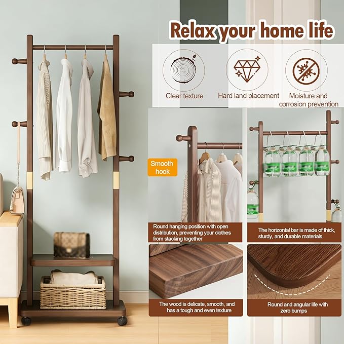 Solid Wood Coat Rack for Entryway Bedroom Corner 2-Tier Freestanding Clothing Stand with Wheels & 5 Hooks & Storage Shelves Heavy Duty Rolling Clothes Rack with Hat Hanger