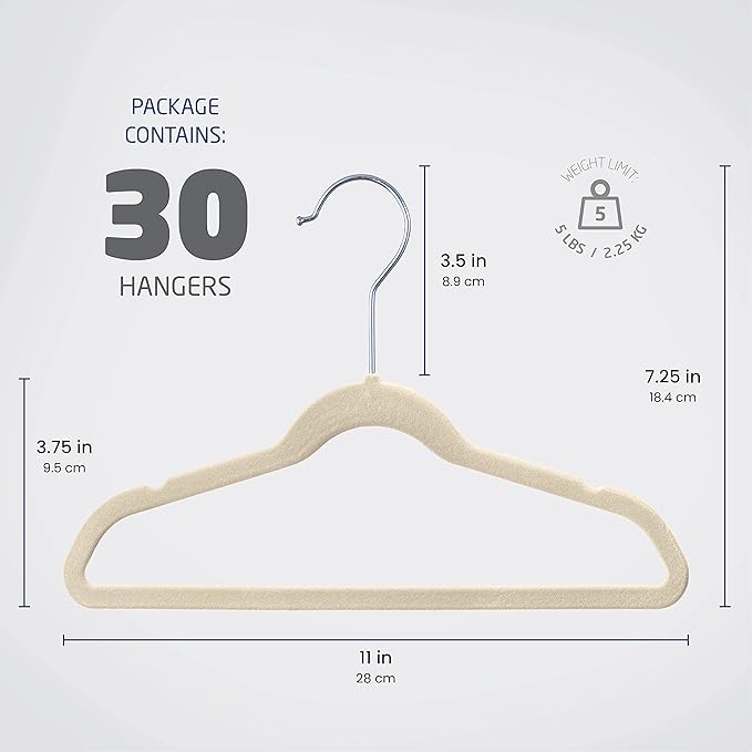 Zober - Baby Velvet Hangers - Premium Quality, Space Saving, Strong and Durable - Perfectly Sized For Babies 0-48 months - 11" wide - Ultra Thin Non-Slip Hangers 360 Chrome Swivel Hook [30 pack] Ivory
