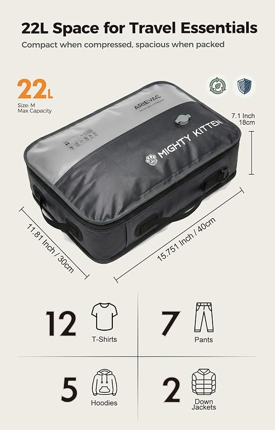 Travel Vacuum Seal Bag with Pump, 21L Compression Packing Cube Kit with 270° Zipper, Reusable Waterproof Vacuum Storage for Carry-On & Small Checked Luggage (1-Pack)