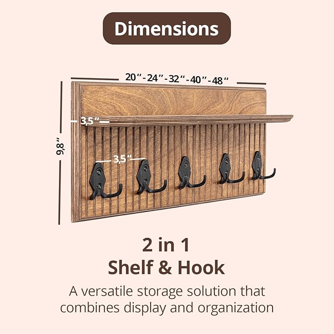 Rustic Wall Mounted Coat Rack with Shelf Wooden Entryway Organizer with 5 Metal Hooks for Coats Hats Towels Keys Floating Storage Shelf for Bathroom Bedroom (Walnut, 45 inch Striped 8 Hooks)