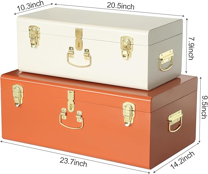 Vixdonos Decorative Large Metal Box Storage Trunk Chest Set of 2 College Dorm Organizer with Hardware Hasps and Handle for Home Deocr,23.7X14.2X9.5 Inches(Beige and Orange)