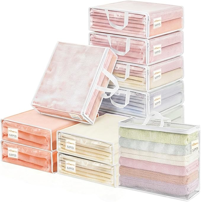 Vieshful 12 Pack Clear Storage Bags for Clothes, 17.7" × 14.96" × 5.1" Clear PVC Mesh Clothing Organizers with Zipper for Blankets, Clothes, Bedding, Sweater, Toys & Closet Storage, 22L White