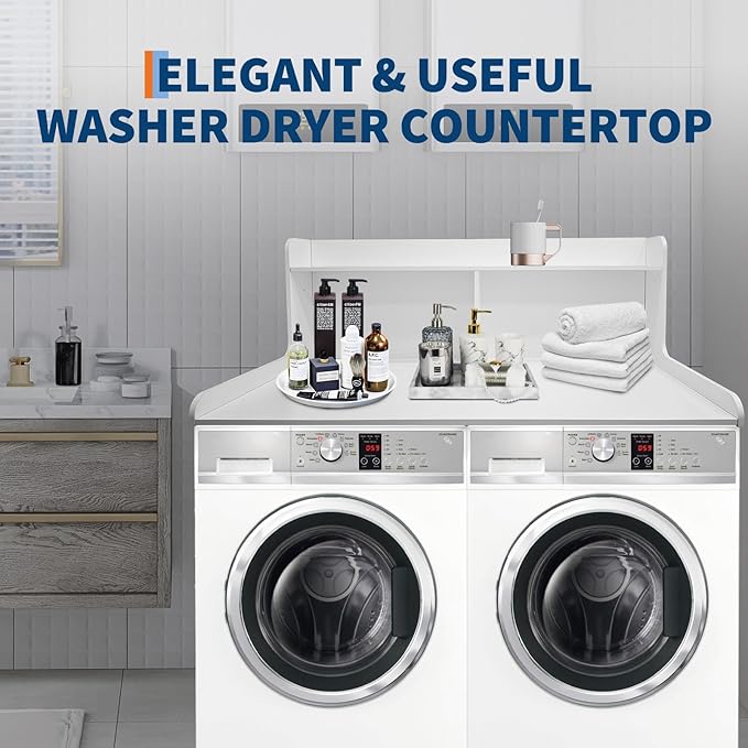 2-Tier Washer Dryer Countertop, 54" W x 27.55" D Laundry Countertop Organization with Non-Slip Pad, Wooden Washer and Dryer Topper for Folding Clothes, Laundry Room Storage