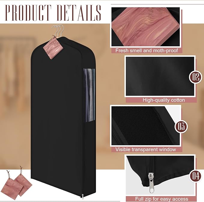2 Sets 40'' x 24'' x 6'' Short Cotton Garment Bags for Hanging Clothes and Storage, 8 Cedar Blocks for Fresh Smell and Moth Protection, Breathable Covers for Closet Suits Fur Coats Sweaters