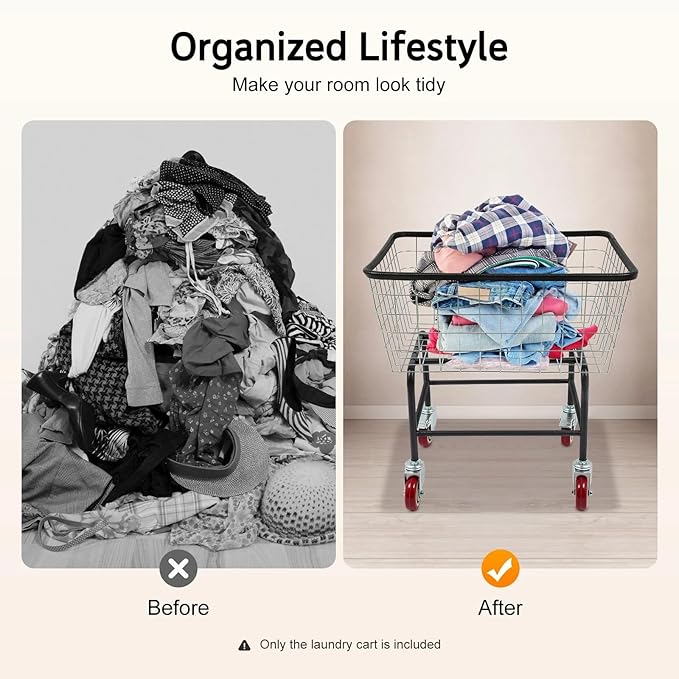 Steel Wire Laundry Cart, Commercial Wire Laundry Basket with Wheels, Rolling Laundry Cart Heavy Duty Large Steel Basket for Laundry Clothes Storage, 20x15.7x 26in