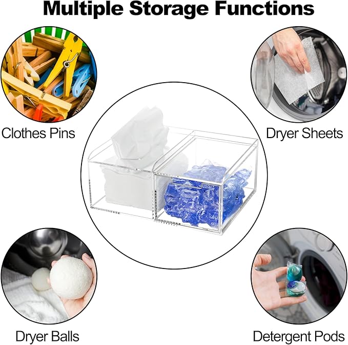 TOPZEA Dryer Sheet Holder, Clear Acrylic Laundry Organizer, 2 in 1 Dryer Sheet & Pods Container Dispenser with Label & Drawer, Storage Box for Laundry Room Organization, Dishwasher Pod, Clothespins