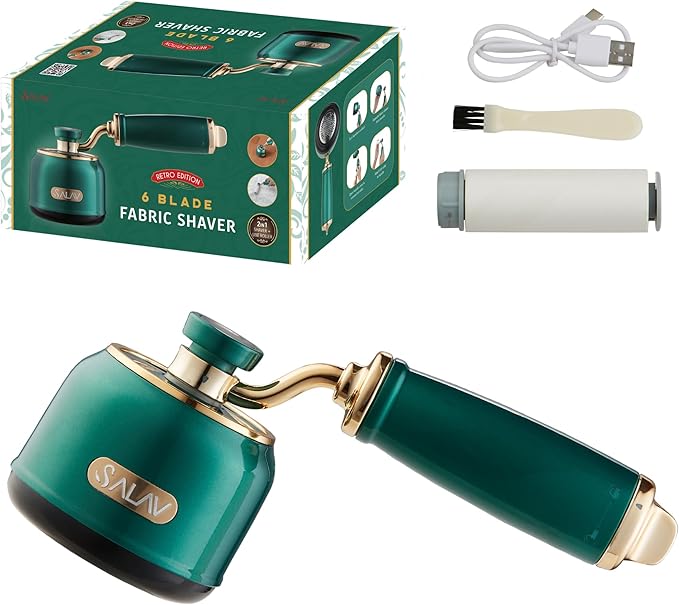 SALAV® Retro Edition Rechargeable Fabric Shaver and Lint Roller with 6-Blade System Removes Fuzz and Piling on Fabrics, with Charging Cable and Mini Brush (Emerald)