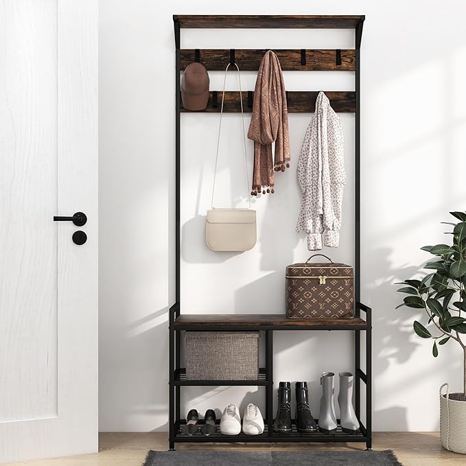 S AFSTAR 3-in-1 Storage Benches Coat Rack with Storage Shelf & 9 Movable Hooks, Industrial Hall Tree with Shoe Bench, Anti-Tipping Device, Shoe and Coat Rack for Entryway Living Room Bedroom, Brown