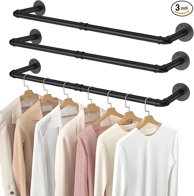 Elibbren 3 Pack Clothing Rack Wall Mount, Industrial Pipe Clothing Rack 38.4IN, Hanging Clothes Rack,Heavy Duty Iron Garment Rack Bar for Closet,Laundry Room, Multi Purpose Hanging Rod,Black