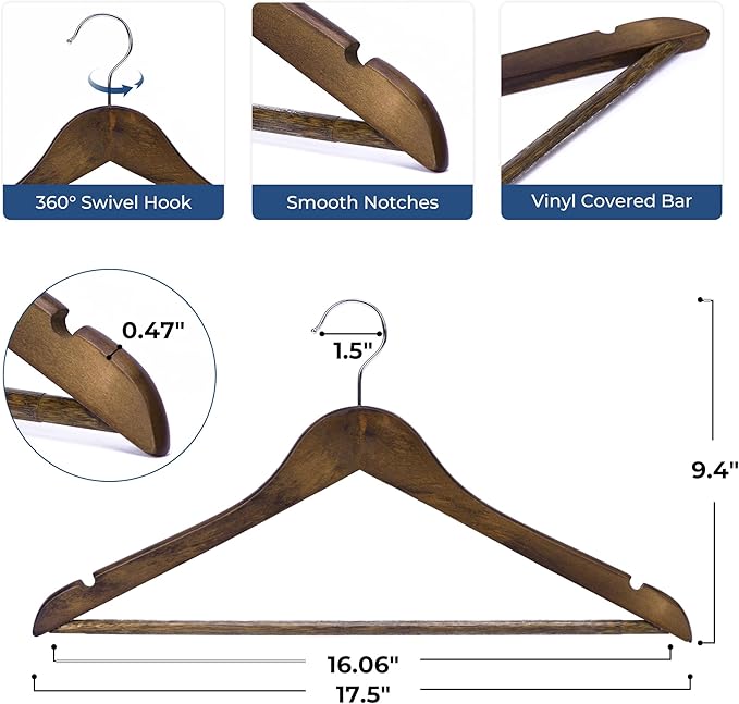 JS Hanger Wooden Coat Hangers, 20 Pack High Grade Wood Suit Hangers with Non Slip Pant Bar - Extra Smooth and Splinter Free Retro Finish