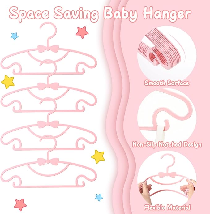 50 Pack Pink Baby Hangers Plastic Baby Clothes Hangers with Clips Non-Slip Ultra-Thin Kids Infant Coat Hanger for Newborn Toddler Clothes