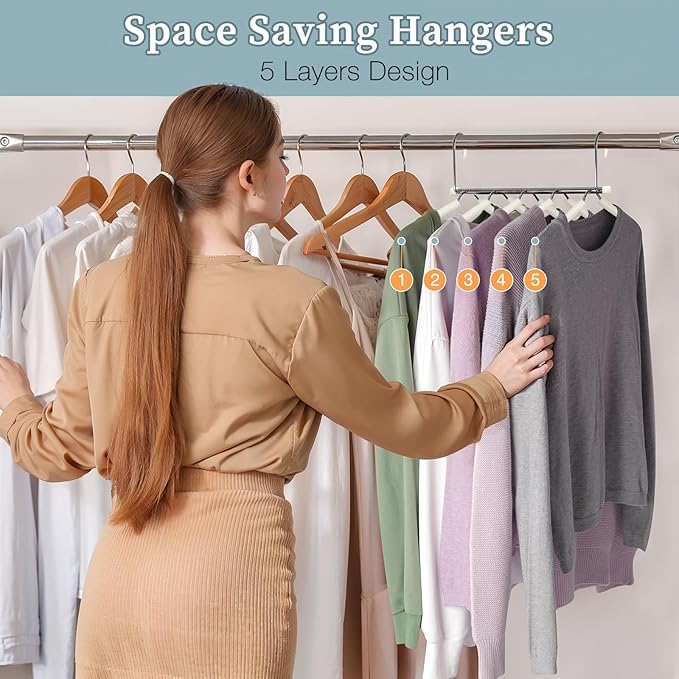 Clothes Hangers Space Saving Shirt Organizer, Non Slip Multi Shirt Hangers for Closet with Foam Padded Closet Organizers and Storage for Sweater Hoodie Blouse Coat Dress Short Beige 4 Pack