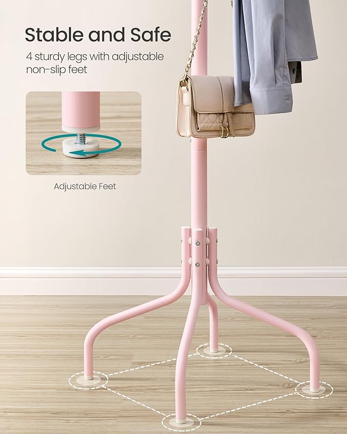 SONGMICS Coat Rack Freestanding, Metal Coat Rack Stand with 12 Hooks and 4 Legs, Holds Clothes, Hats, and Bags, for Entryway, Living Room, Bedroom, Jelly Pink URCR031R01