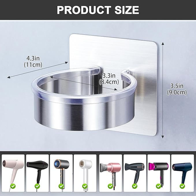 Hair Dryer Holder - Hair Tool Storage Organizer Wall Mount, Stainless Steel Hair Blow Dryer Holder, Hot Tools Holder, Adhesive Hairdryer Holder Bathroom, Hair Dryer Hanger, Blow Dryer Organizer
