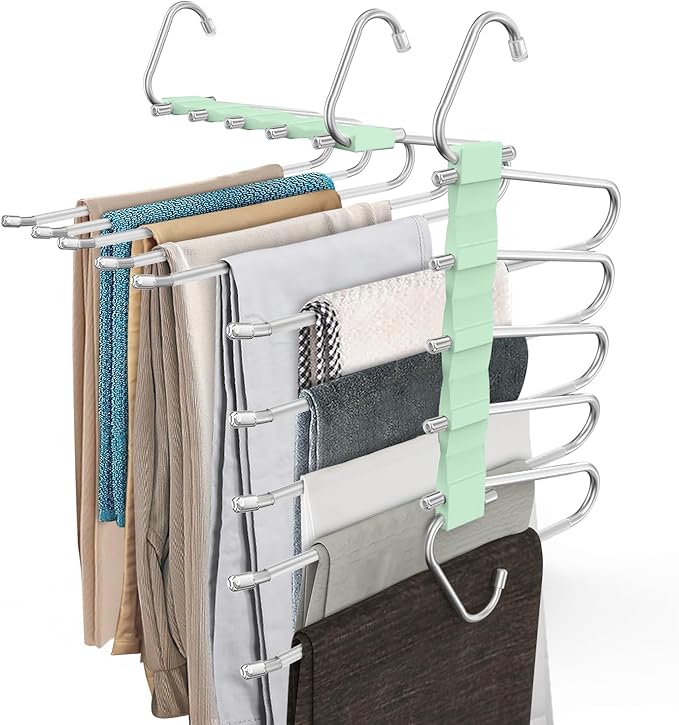 4 Pack Pants Hangers Space Saving, Anti-Slip Multi-Functional Pants Rack, Thickened Stainless Steel Tube, Two Hanging Modes Suitable for Jeans Trousers Skirts Scarf-Green
