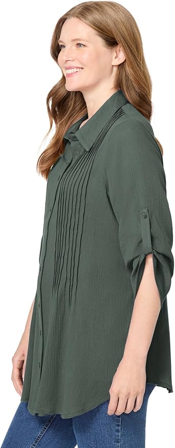 Woman Within Plus Size Pintucked Button Down Gauze Shirt