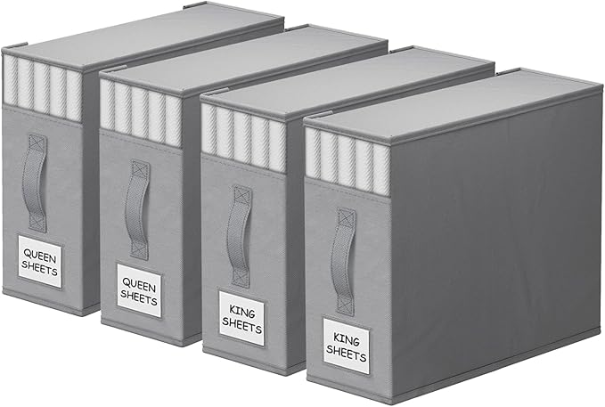 4 Pack Bed Sheet Closet Organizers and Storage,Sturdy Foldable Storage Containers with Window and Label,Storage and Organization for Bedding Sheets,Duvet Covers,Blankets (Grey)