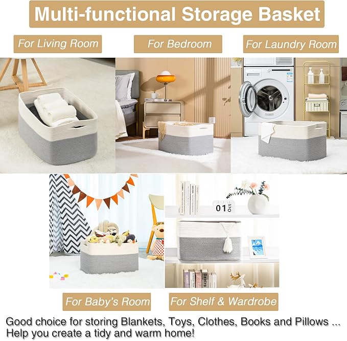 Large Blanket Basket Living Room, Rectangle Storage Basket, Large Basket for Blankets, Woven Cotton Rope Baskets for Storage Toy Dirty Clothes, 22”x17”x12”, White & Grey, 75L