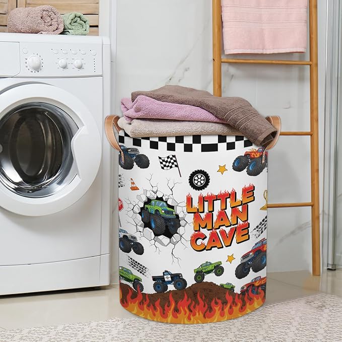 Large Laundry Basket Hamper - Monster Car Trucks Collapsible Storage Bin for Blankets, Kids Toys, Clothes, Little Man Cave 62L Tall Baby Nursery Hamper for Bathroom, Boys Bedroom Decor,Gift Basket