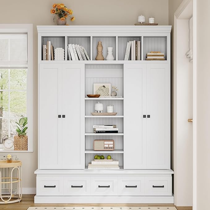 Modern Hall Tree with Bench and 5 Storage Cubbies, 5 Drawers and Adjustable Shelves, 78.7''H Hall Tree Entryway Storage Organizer Cabinet with 4 Doors for Hallway, Entryway, Living Room (White/506)