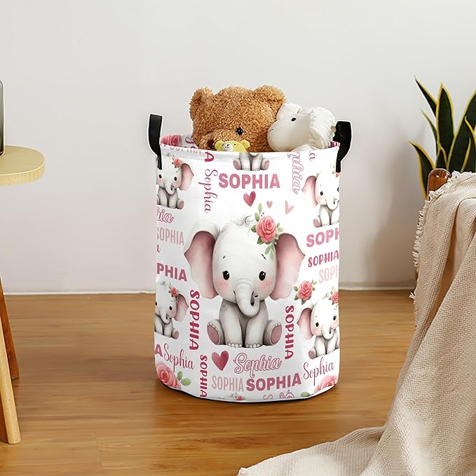 Large Custom Name Laundry Hamper, Elephant Personalized Dirty Clothes Hamper Storage Basket with Name for Bathroom Bedrooms, Customized Name Circular Hamper with Handles for Baby Boys Girls Men Women