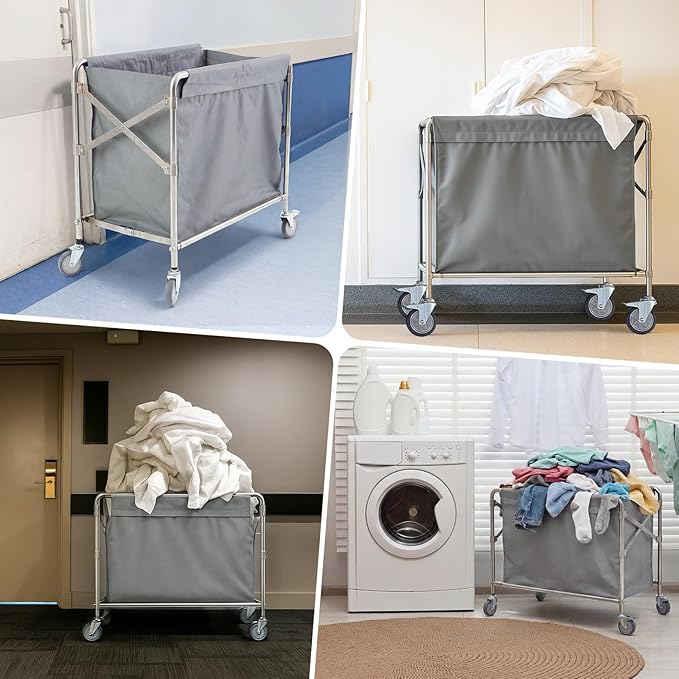 Collapsible Laundry Cart with Wheels, 12 Bushel (400L) Commercial Hamper Basket Large Heavy Duty Rolling Laundry Basket for Home Organizer Storage, Foldable Truck, Gray