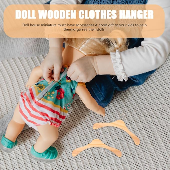 Baluue Mini Wooden Clothes Hangers for Dolls Bjd Doll Accessories Small Dollhouse Clothes Organizer 10Pcs Set for Kids Toy Storage