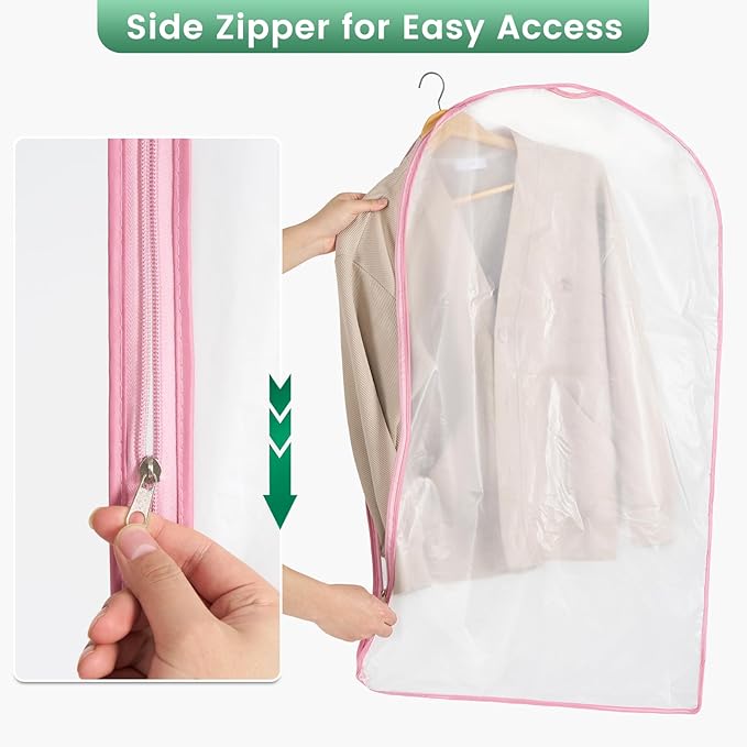 6 Pack Garment Bags for Hanging Clothes - Translucent Suit Bag for Closet Storage, Clothes Cover for Hanging Shirts, Dresses, Travel, Moving - Pink