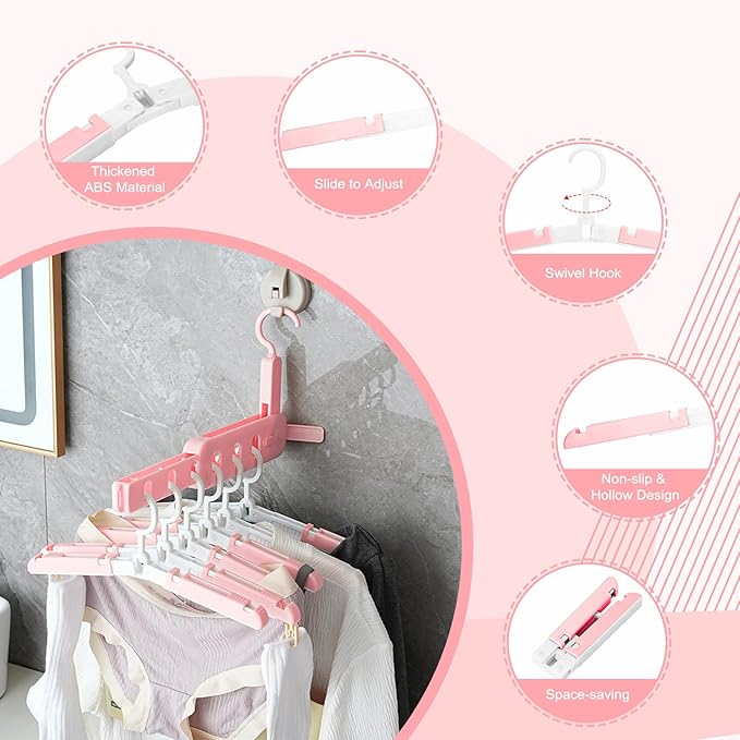 Foldable Travel Hangers for Cruise, 6 Pack Portable Collapsible Hangers with Clips, Folding & Space-Saving Suitcase Hangers for Travel, (Pink-White)