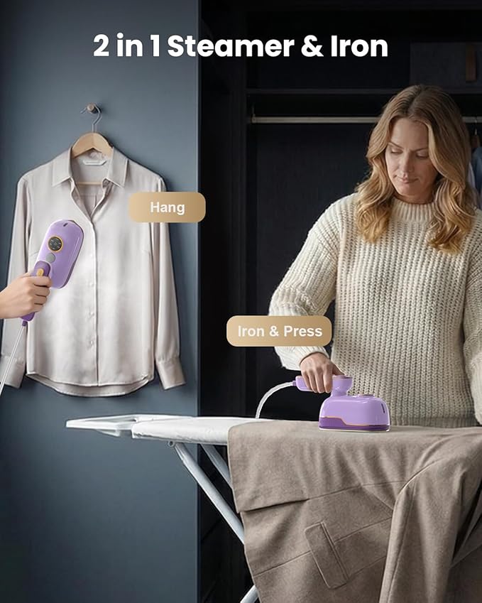 Travel Steamer Iron for Clothes, Portable Handheld Garment Steamer with 6 Smart Modes, Strong Penetrating Steam, 180° Rotatable Handle, 150ml Large Tank for Home & Travel (purple)