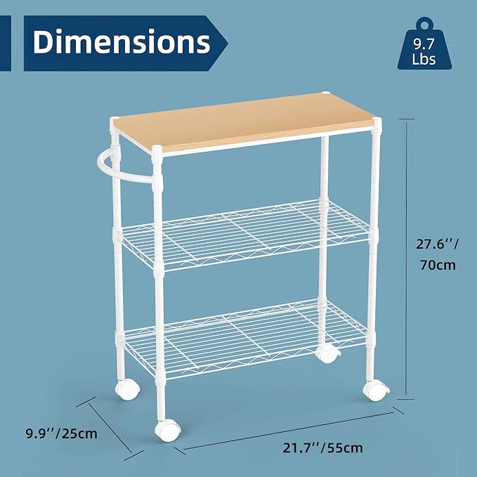 Whitmor 3 Tier Rolling Kitchen Cart,27.6"x10"x21.7”Heavy Duty Metal Storage Cart with Wheels, Adjustable Shelves, Lockable Utility Cart with Wood Top & Portable Handle for Indoor & Outdoor Use, White
