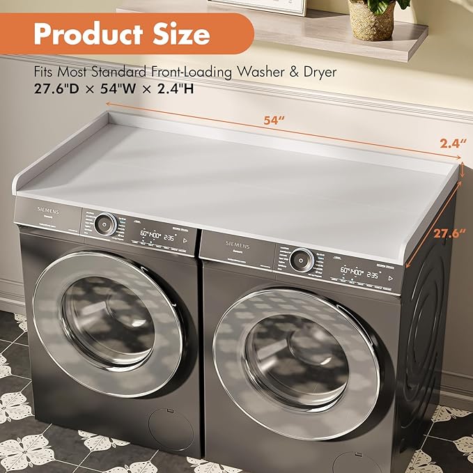 Premium Washer Dryer Countertop with Anti-Slip Pad, 54inch Laundry Room Organization Set, Stackable Storage Solution with Silicone Ironing Mat, Diatomite Mat(White)