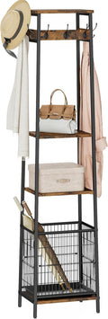 Coat Rack Freestanding with Umbrella Holder, Coat Stand with 2 Shelves and 7 Hooks, Hall Tree, Clothes Rack Stand Organizer for Hallway, Entryway, Living Room, Rustic Brown and Black