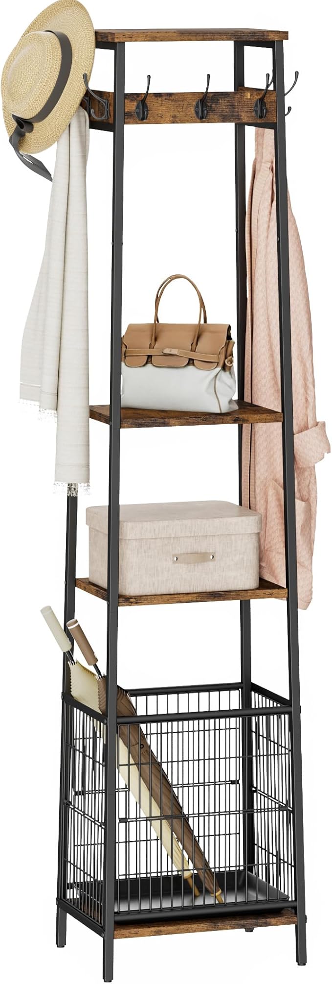 Coat Rack Freestanding with Umbrella Holder, Coat Stand with 2 Shelves and 7 Hooks, Hall Tree, Clothes Rack Stand Organizer for Hallway, Entryway, Living Room, Rustic Brown and Black