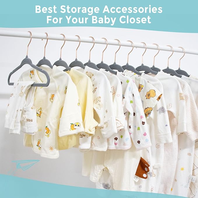 Baby Velvet Hangers 50 Pack - 11 Inch Non-Slip Felt Kids Hanger for Newborn Clothes - Small Toddler Child Hangers Durable for Every Use - 10 Hanger Clips Included, Gray