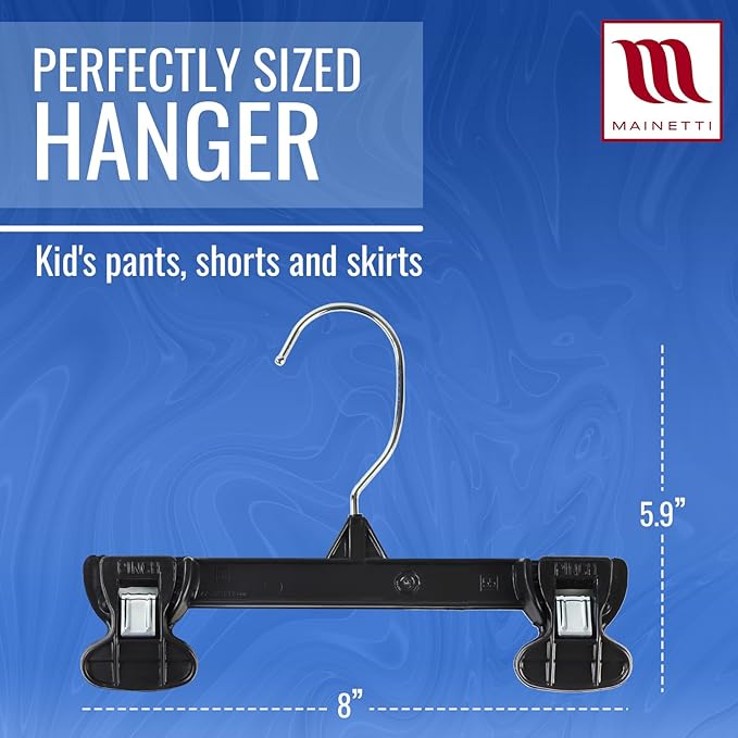 MAINETTI - 6008SMB20 Mainetti 6008 Black Plastic Children's Hangers - 20 Pack with Rotating Metal Hook and Sturdy Plastic Non-Slip Clips, Great for Pants/Skirts/Slacks/Bottoms, 8 Inch