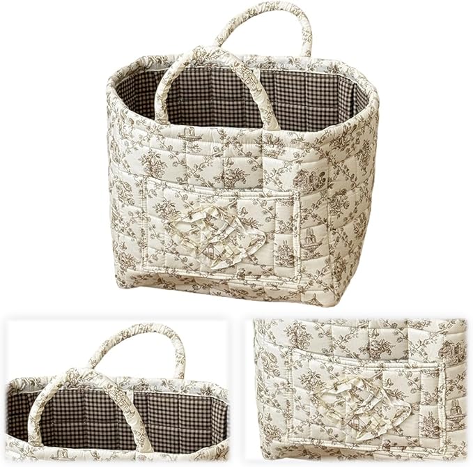 Floral Fabric Storage Basket Car Interior Storage Basket Underwear Sundries Laundry Baskets Supplies Home Organizer Bag (Coffee 1)