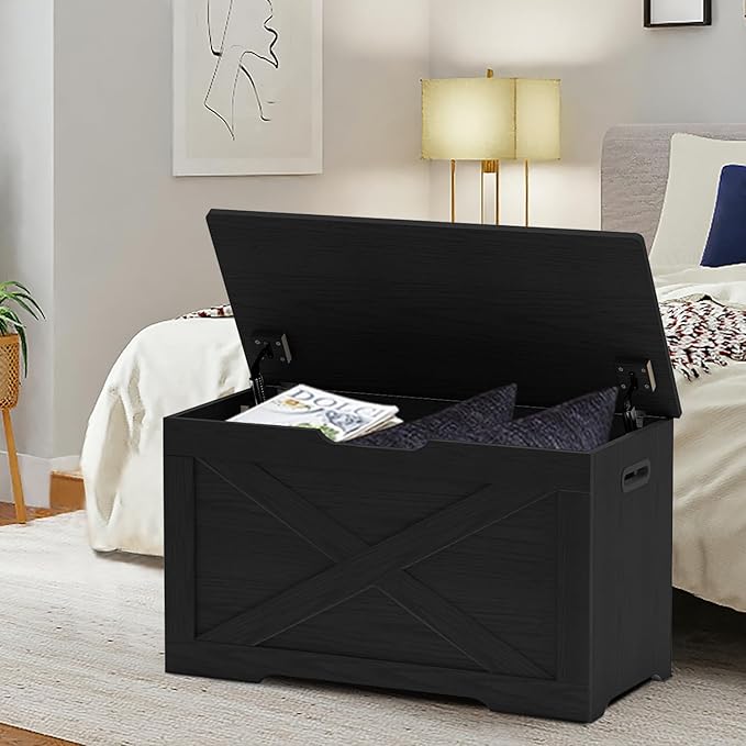 Storage Chest, Wooden Storage Bench, Entryway Shoes Bench with 2 Safety Hinges, for Living Room, Bedroom, 15.7 x 31.5 x 18.9 Inches, Black