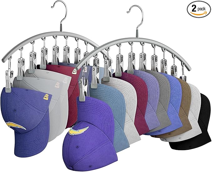 Hat Hangers for Closet, Metal Hat Organizer for Baseball Caps 2 Pack Door Hat Racks for Baseball Caps with 10 Large Clips, Baseball Cap Hangers for Closet Storage, Fits All Caps-Grey, Gray