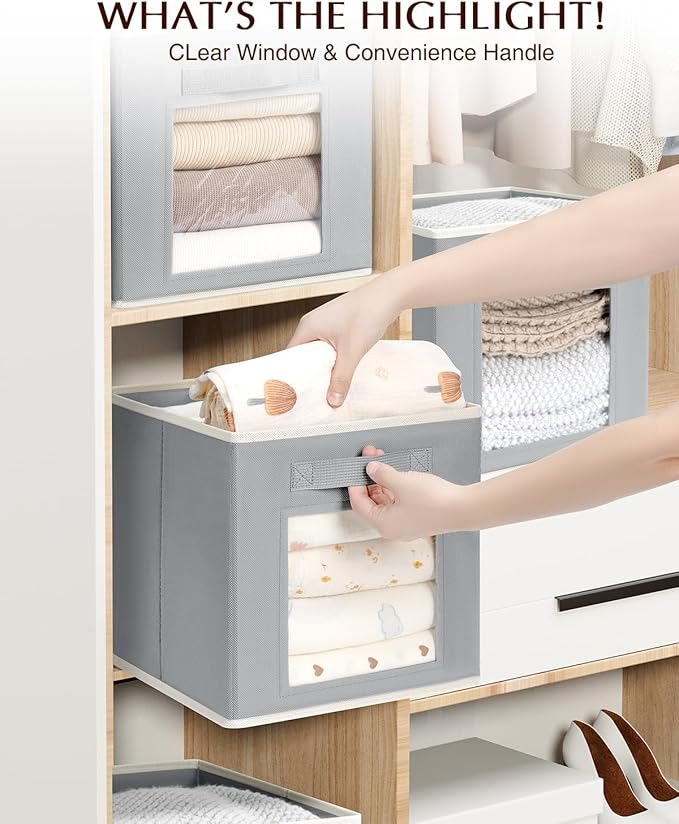 Storage Cube 11 Inch - Cube Storage Bins with Window, Closet Storage Baskets with Handle, Fabric Bins for Closet, Shelves, Toys, Clothes, Set of 6, Grey