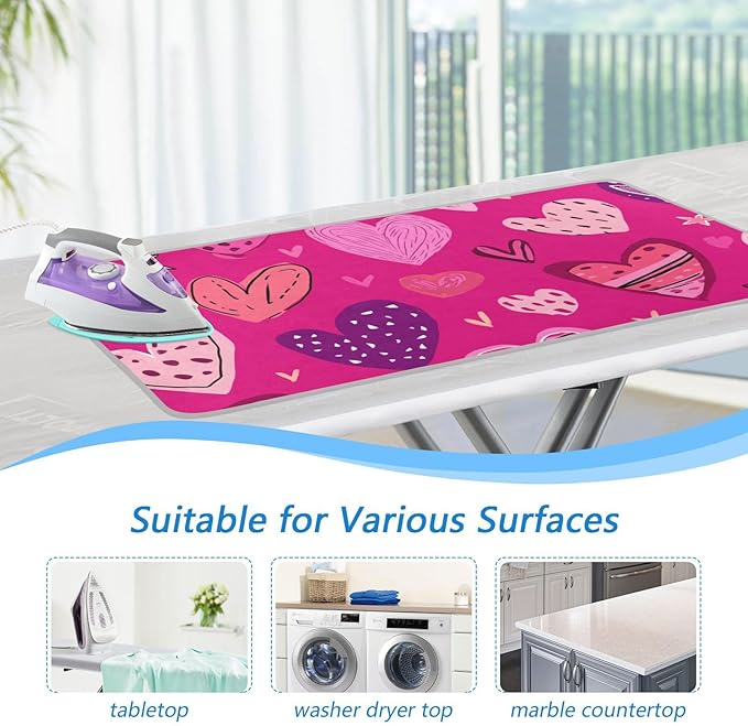 Ironing Mat Portable Ironing Pad Ironing Blanket for Table Top Heat Resistance Double-Side Using Travel Large 47.2 x 27.6 Inch Foldable Lightweight Hot Pink Doodle Hearts Stars Valentines