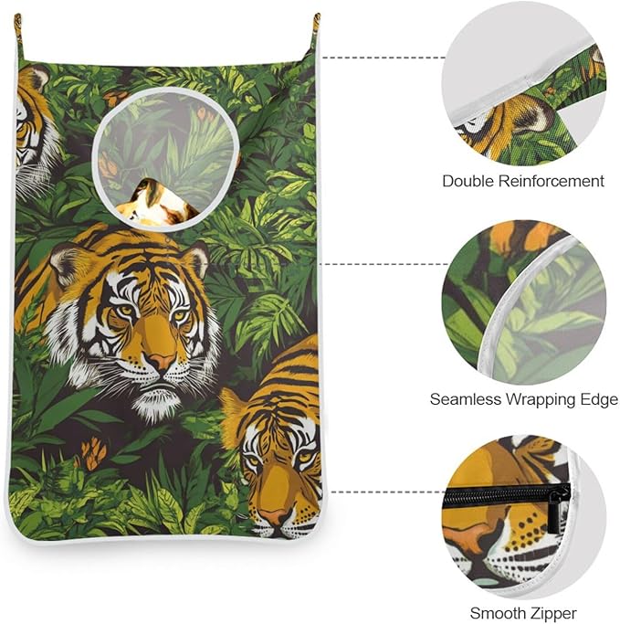 Hanging Laundry Hamper with Stainless Steel Hooks,Oxford Fabric Printing Door Laundry Clothes Bag, 29.5X20inch 1PCS Taiger Green Plant