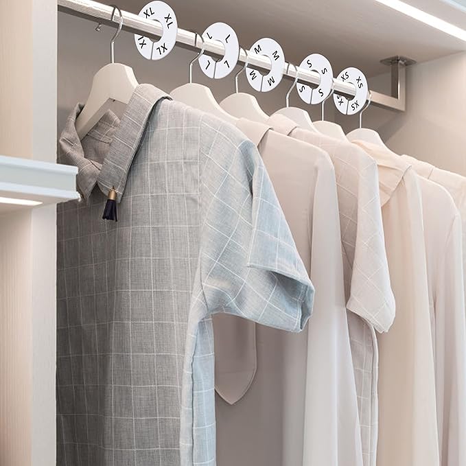 40 Pack Round White Plastic Clothing Size Closet Rack Dividers Hangers, Preprinted in 8 Sizes XXS, XS, S, M, L, XL, XXL, XXXL (Outer 3.5”, Inner Diameter 1.38”)