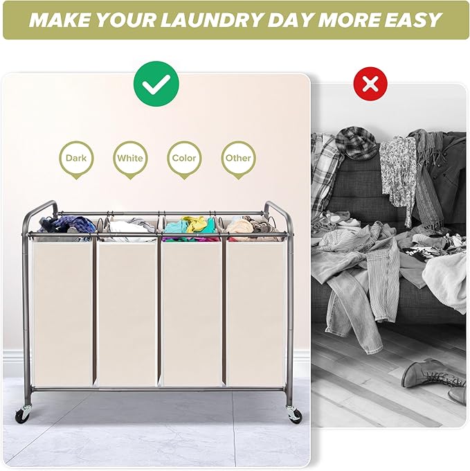 Laundry Sorter Hamper with Wheels, Heavy-Duty Laundry Sorter Rolling Cart, Lockable Wheels and Removable Bags, 4 Sections, Beige