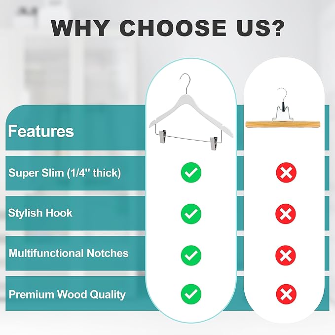 20 Luxury Ultra Thin Space Saving Wooden Skirt Pant Hanger with Adjustable Clips Best for Skirts, Pants, Shirts, Blouses, Dress, Hangers (White - Skirt/Blouse, 20)