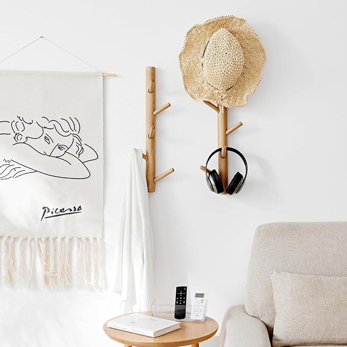 Vertical Coat Rack Wall Mounted - Height 36 Inches, Oak Wood Vertical Hat Rack for Wall with 9 Hooks, Modern Coat Rack Tree for Hanging Hats, Jackets, Bags in Entryway Bedroom Office