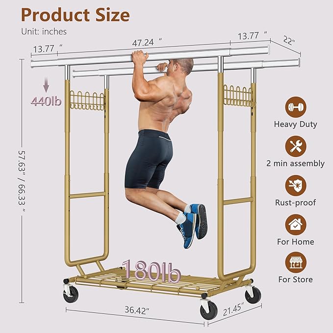 Hoctieon 2-Minute Assembly Double Rod Clothes Rack, Heavy Duty Rolling Clothing Racks with Wheels, Foldable Commercial Garment Rack, Extendable Hanging Bar, Adjustable Metal Pole with Hooks, Gold