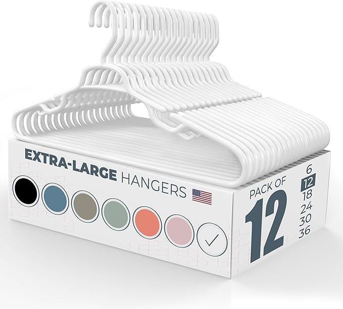 Neaties Large & Wide Heavy Duty Clothes Hangers 12 Pack – Made in USA – Ideal for Plus Size Clothing – 10lb Plastic Hangers with Notches for Oversized Adult Coats & Pants – White